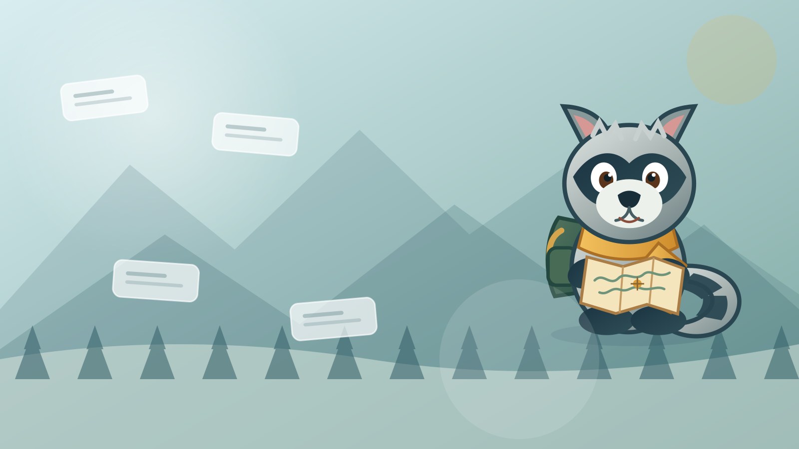 Roscoe the Raccoon on a mountain trail with name cards representing rare and unique boy names